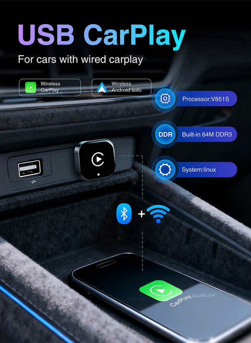 Adaptor USB Mini 2-in-1 Wireless Apple CarPlay si Android Auto pentru masini cu CarPlay / Android Auto OEM prin cablu